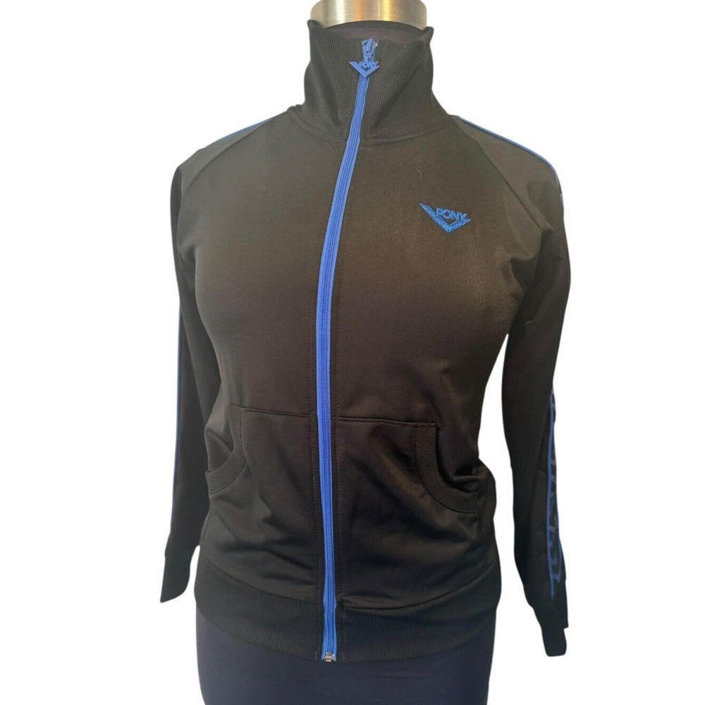 Pony Track Jacket Full‎ Zip Athletic Black Blue Stripe Size Large